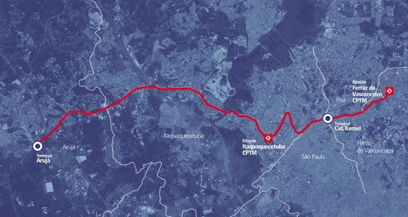 Mapa de corredor de BRT metropolitano Perimetral Alto Tietê