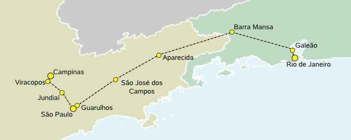 Mapa de la alta velocidad de tren de São Paulo