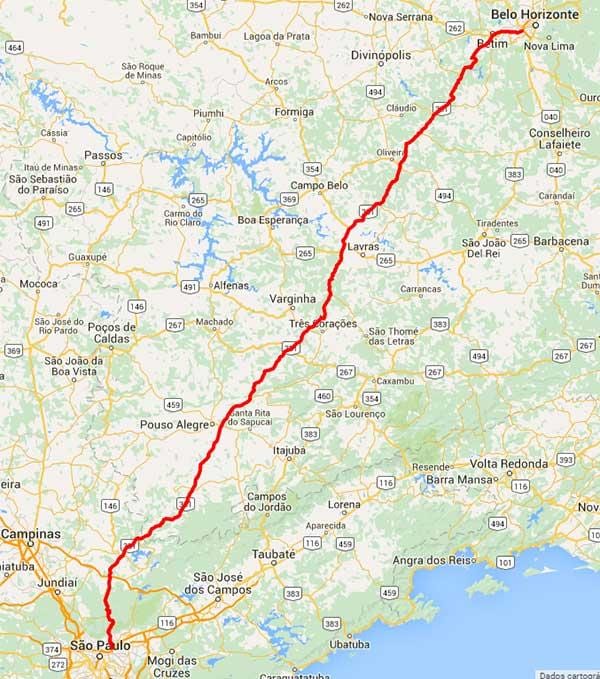 Mapa de autopista Fernão Dias - BR 381