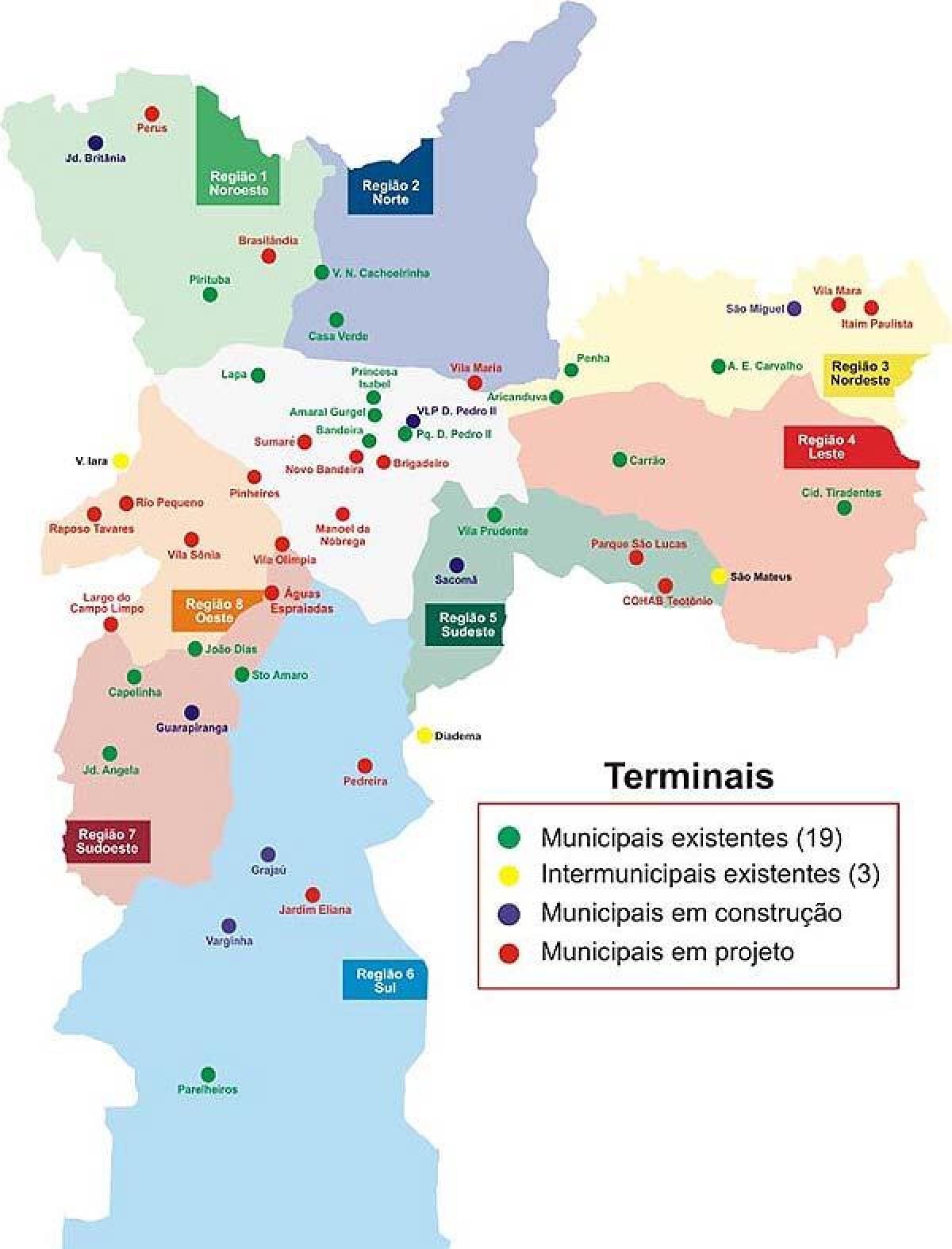Mapa de las terminales de autobuses de São Paulo
