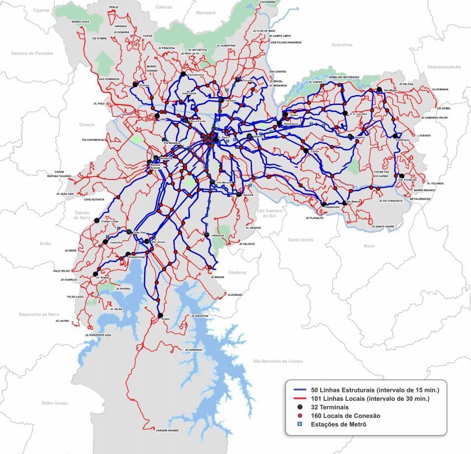 Mapa de las terminales de autobuses del Estado de São Paulo